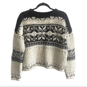 𝅺Hand Knit Jacquard Chunky Knit Boat Neck Sweater Ecru Black S